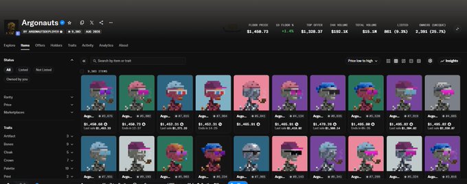 A screenshot of a Magic Eden NFT marketplace page showing a collection called 'Argonauts' with various pixel-art character avatars listed at different floor prices.