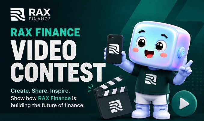 A promotional graphic for a 'RAX Finance Video Contest' featuring a cute, rounded robot mascot holding a phone with the 'R' logo, accompanied by the text 'Create. Share. Inspire. Show how RAX Finance is building the future of finance.'