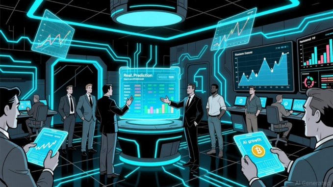 A futuristic neon-lit command center shows analysts examining holographic "Real Prediction" charts and stock dashboards, with one person holding a tablet displaying an "Ai growth" Bitcoin logo, visually tying into the post's call for Polymarket × ClashoAI collaboration on prediction markets.