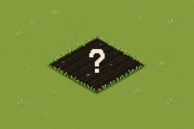 A pixel-art style image shows a small patch of tilled dark soil with a white question mark in the center, surrounded by green grass.