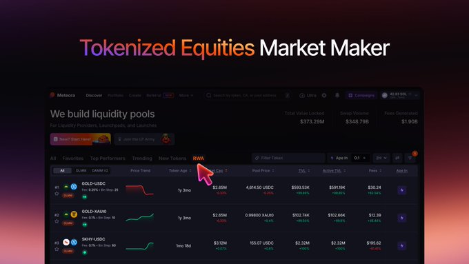 A promotional graphic for "Tokenized Equities Market Maker" featuring the Meteora interface showing liquidity pools for tokens including GOLD-USDC, GOLD-XAUO, and SIKY-USDC.