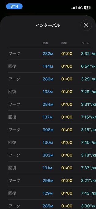 A smartphone screenshot showing workout interval data with alternating 'ワーク' (work) and '回復' (recovery) intervals, displaying distances around 280-310M for work and 129-144M for recovery, each at 01:00 duration with varying pace/km metrics.