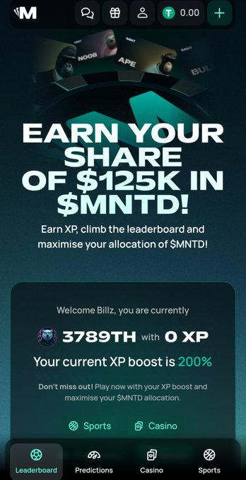 A promotional screenshot from the PlayOnMint app advertising a leaderboard campaign where users can earn $MNTD tokens, displaying the headline "EARN YOUR SHARE OF $125K IN $MNTD!" and showing the user "Billz" ranked 3789th with 0 XP and a 200% XP boost. The interface features navigation tabs for Leaderboard, Predictions, Casino, and Sports, matching the post's mention of the platform's prediction, sports, and casino features.