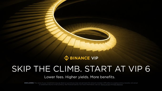 A golden spiral staircase descending into darkness sets the stage for a Binance VIP promotional banner reading "SKIP THE CLIMB. START AT VIP 6," with subtitles highlighting "Lower fees. Higher yields. More benefits." The image visually reinforces the post's offer by depicting a literal staircase being skipped, symbolizing eligible current and former Binance VIPs bypassing the typical climb to instantly access VIP 6 status and its perks like up to 80% off trading fees and 0% interest institutional loans.