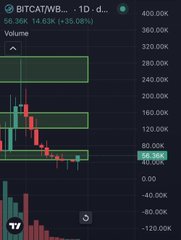 A TradingView chart shows BITCAT/WBUSD on a 1-day timeframe with a 56.36K (-39.08%) decline.