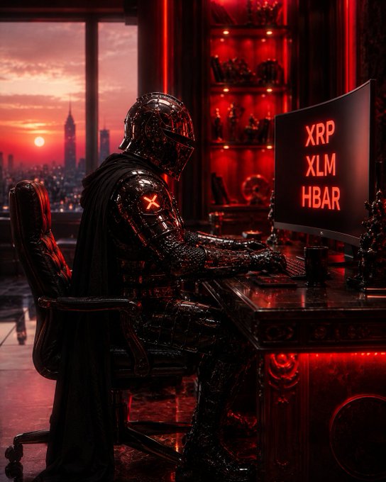An armored, helmeted figure sits at a desk in a dimly red-lit room, gazing at a curved monitor displaying "XRP," "XLM," and "HBAR," with a sunrise over a city skyline visible through the window behind them.

The image complements the post's theme of resilience, depicting a stoic warrior-like investor weathering the crypto market's challenges at dawn, embodying the message of perseverance through temporary pain rather than making permanent decisions like giving up on XRP, XLM, and HBAR.