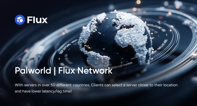Promotional graphic for 'Palworld | Flux Network' featuring a digital globe design, noting 'With servers in over 50 different countries, Clients can select a server closer to their location and have lower latency/lag time!'