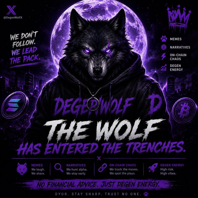 A purple-themed promotional graphic for 'DEGENWOLF' (@DegenWolfX) cryptocurrency, featuring a wolf-headed figure and text including 'THE WOLF HAS ENTERED THE TRENCHES' and 'NO FINANCIAL ADVICE. JUST DEGEN ENERGY.'