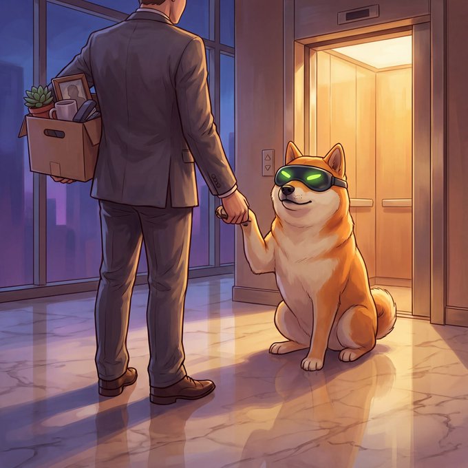 An anime-style illustration of a man in a suit carrying a box of belongings and shaking hands with a smiling Shiba Inu dog wearing glowing green visor sunglasses.