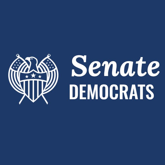 A dark blue graphic featuring a white emblem with an eagle and shield design next to the text 'Senate Democrats' in white lettering.