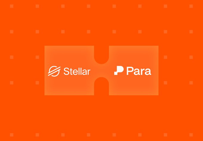 A bright orange graphic with a subtle square pattern displays a puzzle piece design showing the Stellar and Para logos fitting together, symbolizing their integration as Para goes live on the Stellar network to enable embedded wallets and smart contract support.