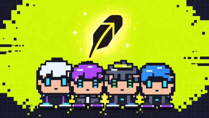 Four pixel art characters stand in a row against a bright green background, with a black feather icon floating above them.