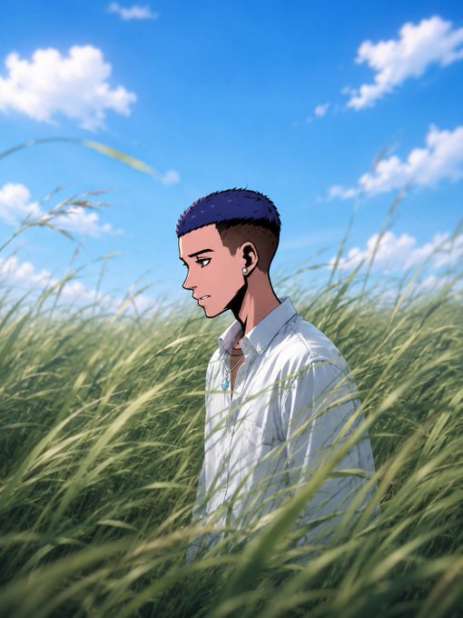 An anime-style illustration of a young person with blue hair wearing a white shirt, standing in a field of tall green grass under a blue sky.