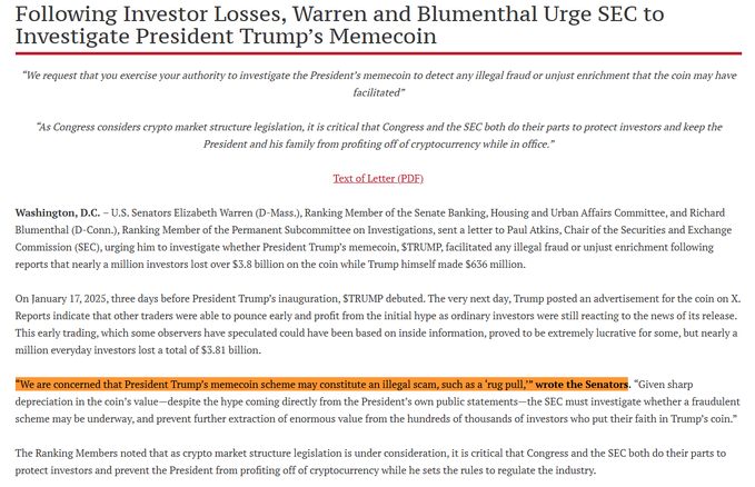 The image shows a news article headlined "Following Investor Losses, Warren and Blumenthal Urge SEC to Investigate President Trump's Memecoin," with quotes from a letter where Senators Elizabeth Warren and Richard Blumenthal called the $TRUMP memecoin a potential "rug pull" and reported that nearly $3.81 billion was lost by everyday investors following the coin's January 17, 2025 debut. The highlighted quote directly supports the accompanying post about Senators urging an SEC investigation into the coin as a possible "rug pull" scheme.