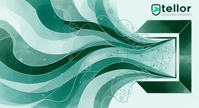 An abstract teal and white illustration shows flowing waves inside a rectangular frame with the logo "tellor Censorship Resistant" in the top right corner.