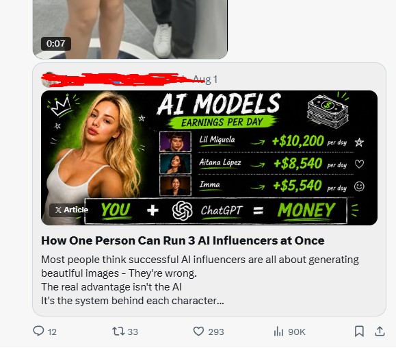 Social media post discussing AI models earning money, titled "How One Person Can Run 3 AI Influencers at Once" mentioning Lil Miquela, Aitana López, and Imma, with "YOU + ChatGPT = MONEY."