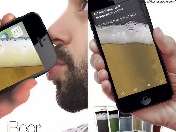 The image is an advertisement for "iBeer," a novelty app that displays a virtual glass of beer on an iPhone screen, with one panel showing a man pretending to drink from it and another showing the phone displaying a message reading "I am thirsty. Is it five-o'clock yet?" alongside "5PM in Barcelona, Beer?"—relating to the post's joke about missing out on Bitcoin gains in 2010 in favor of frivolously spending money on silly apps instead.