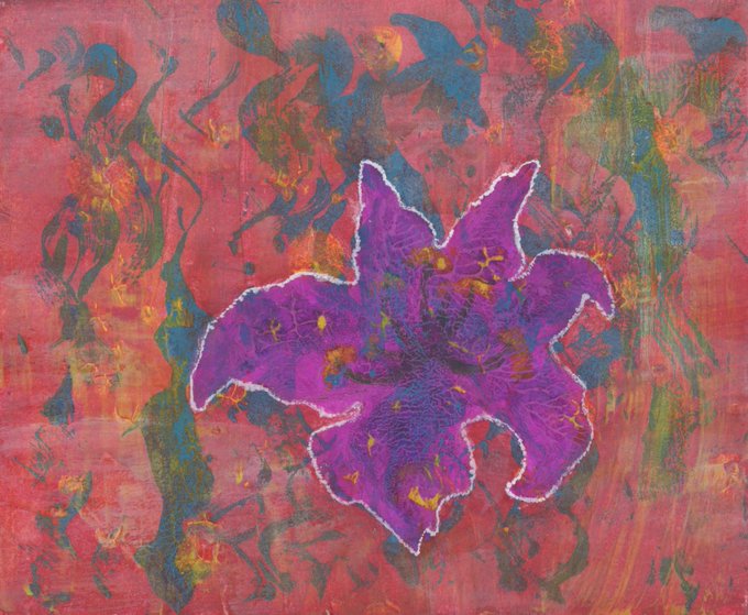 A vibrant purple flower with yellow speckles is outlined in white against an abstract, textured background of red, pink, blue, and green hues.