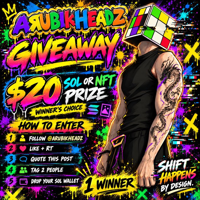 A vibrant graffiti-style promotional graphic for the “ARUBIKHEADZ GIVEAWAY,” offering one winner “$20 SOL or NFT Prize — Winner’s Choice.” It lists entry steps to follow @ARubikHeadZ, like and retweet, quote the post, tag two people, and drop a SOL wallet, alongside a cube-headed tattooed character and the slogan “SHIFT HAPPENS BY DESIGN.”