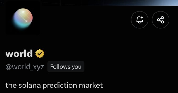Twitter/X profile screenshot for 'world' (@world_xyz) with a verified badge, showing the bio 'the solana prediction market.'