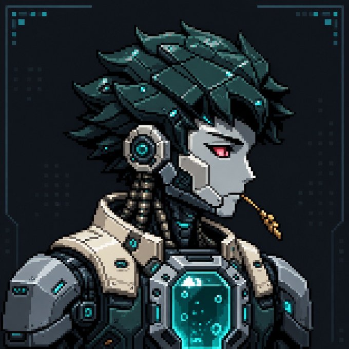 A pixel art profile of a cybernetic anime character with teal hair, red eyes, and metallic armor featuring a glowing teal power core. The futuristic aesthetic aligns with the post's promotion of "First Hyperliquid AI Agents" giveaway for 5X whitelist spots, reflecting the AI/tech theme of the contest.