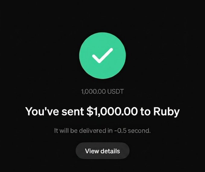 A confirmation screen shows a successful transfer of 1,000.00 USDT sent to "Ruby," with a green checkmark and an estimated delivery time of ~0.5 seconds. The post promotes a giveaway claiming to send $1,000 in USDT to 100 random followers, using this transaction screenshot as false "proof" of a legitimate crypto transaction.