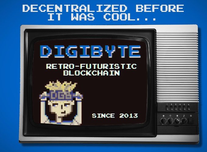 A retro-styled promotional graphic for DigiByte blockchain, displayed on an old TV set, with the text 'DECENTRALIZED BEFORE IT WAS COOL...' and 'RETRO-FUTURISTIC BLOCKCHAIN SINCE 2013' along with the DGB mascot.