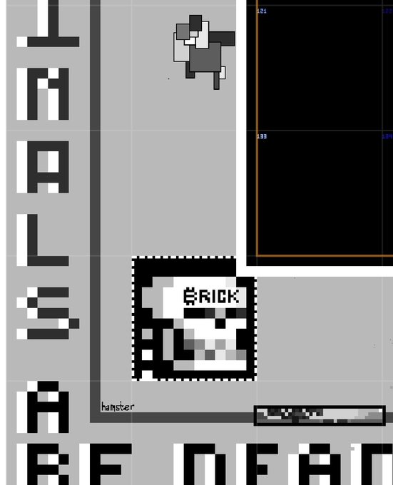 Pixel art showing a character sprite labeled "hamster" near a brick-like block marked "BRICK," with vertical text "CHALLS" and "A HAM" visible on a grey background.