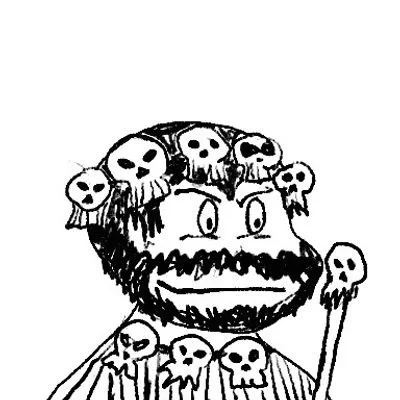 A black-and-white hand-drawn sketch of a bearded man with small skulls arranged around his head and on his clothing.