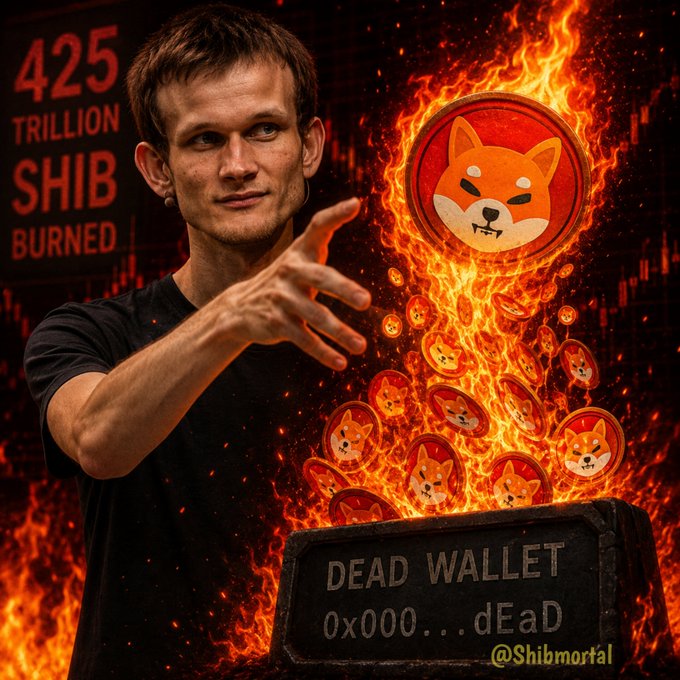A man points towards a fire with SHIB tokens being consumed, which visually represents the "425 TRILLION SHIB BURNED" text in the background and the "DEAD WALLET" stone. This image is a visual metaphor for the deflationary burning of Shiba Inu tokens.