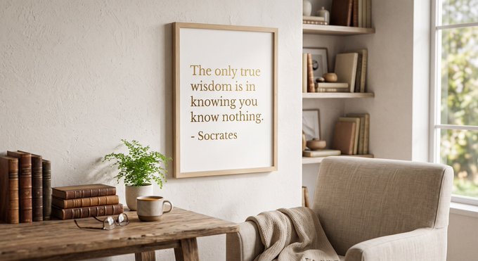 A framed print of a Socrates quote, 'The only true wisdom is in knowing you know nothing,' displayed in a cozy room with books, a plant, and a chair.