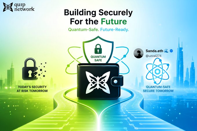 The image features a poster with a green city skyline, a black butterfly-shaped purse, and two lockets representing Quantum computing. The text on the poster reads "Building Securely for the Future", which emphasizes the importance of security in today's digital age. The phrase "Quantum safe" is also present, indicating that the wallet being advertised is designed with security in mind. The post about @quipnetwork focuses on making things accessible and secure at the time, highlighting their work on a Quantum wallet as an example of how to ensure safety in the world of cryptocurrency.