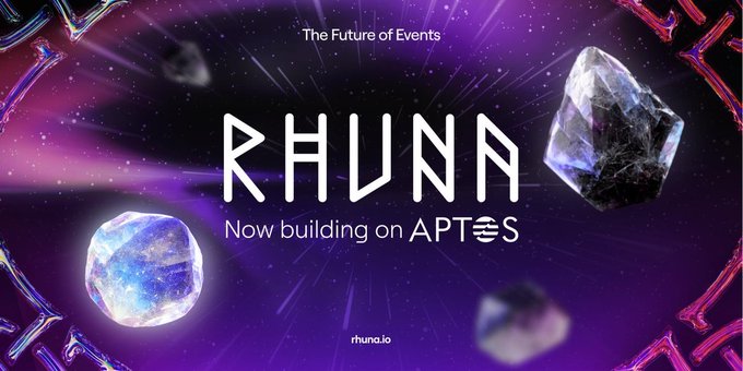A promotional graphic for 'RHUNA' with the tagline 'The Future of Events' and 'Now building on APTOS', featuring stylized crystal graphics against a cosmic purple background.