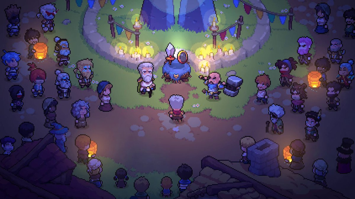 The image shows a group of people gathered around a campfire at night with lanterns lit up above them. There are several characters from a video game, including a man wearing a hat and another holding a lantern. The scene appears to be set in a digital world where players can interact with each other through the game.