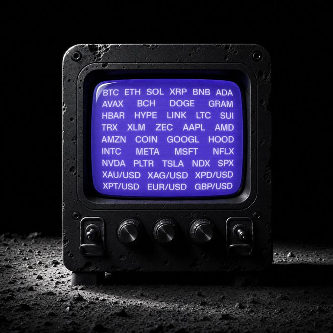 A rugged, weathered terminal with a glowing blue CRT screen displays a grid of cryptocurrency tickers (BTC, ETH, SOL, XRP, BNB, ADA) and stock symbols (AAPL, NVDA, TSLA, NFLX), along with forex pairs (XAU/USD, EUR/USD, GBP/USD), echoing the "Moon" post's reference to monitoring today's market watchlist.