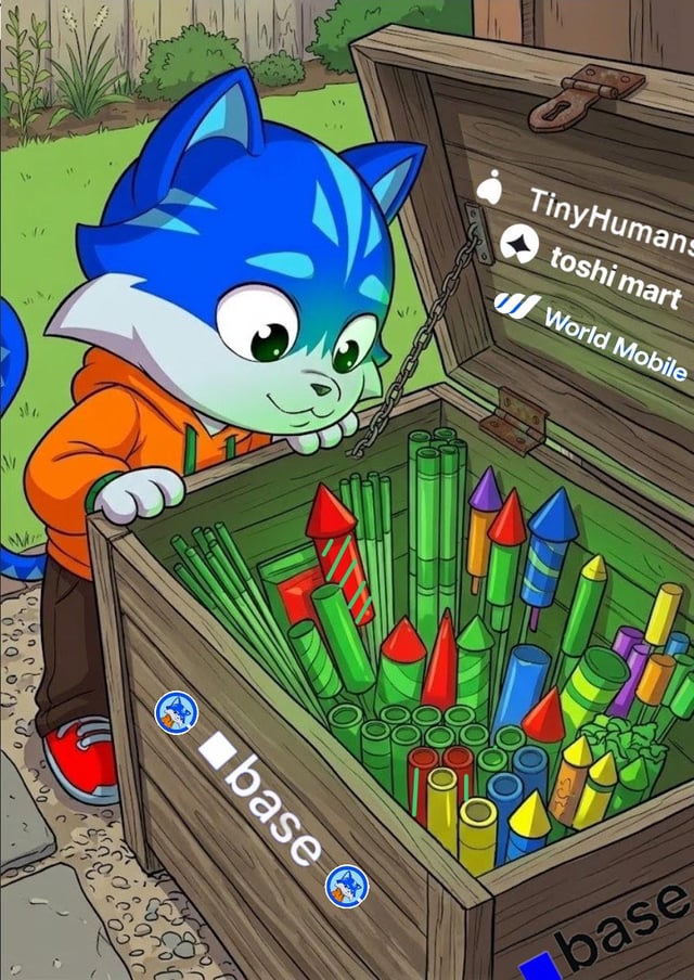 A cartoon blue cat character in an orange hoodie excitedly peers into a wooden chest overflowing with colorful rockets, with the chest labeled "base" and nearby text reading "TinyHumans," "toshi mart," and "World Mobile," visually representing the $Toshi project loading its launch arsenal for an imminent deployment.