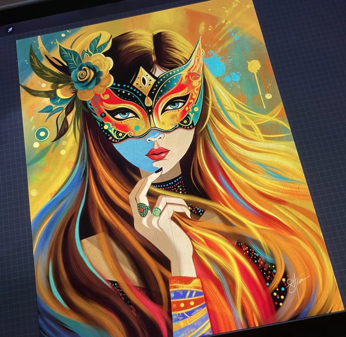 A vibrant digital painting displayed on a tablet screen, depicting a woman with flowing multicolored hair wearing an ornate carnival mask with floral and decorative elements.