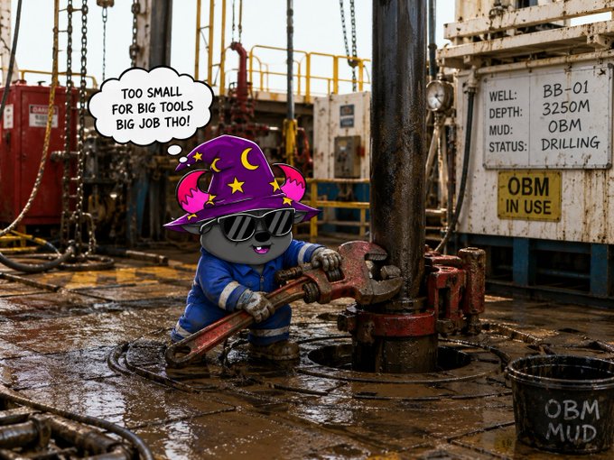 A cartoon character wearing a wizard hat and sunglasses struggles with oversized pipe wrenches on an oil rig floor, with a thought bubble reading "TOO SMALL FOR BIG TOOLS BIG JOB THO!" The signage displays "WELL: BB-01, DEPTH: 3250M, MUD: OBM, STATUS: DRILLING" alongside "OBM IN USE" and "OBM MUD" markings, tying into the @BullBearsX farewell post about the worker's last day on the job.