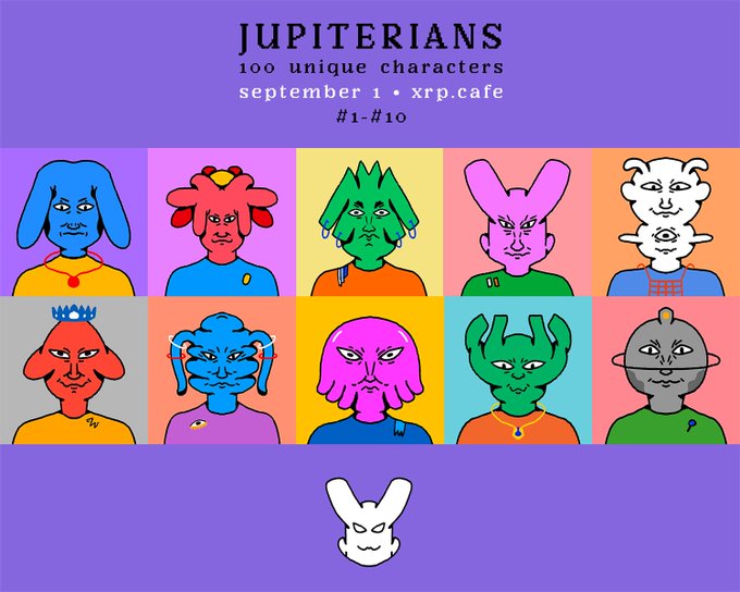 A promotional graphic titled 'JUPITERIANS: 100 unique characters, september 1 • xrp.cafe, #1-#10' displaying a grid of ten brightly colored cartoon character portraits on a purple background.