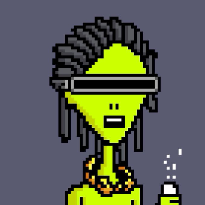 A pixel art illustration of a yellow character with a gray afro wearing a VR headset and a gold chain, holding what appears to be a smoking object.
