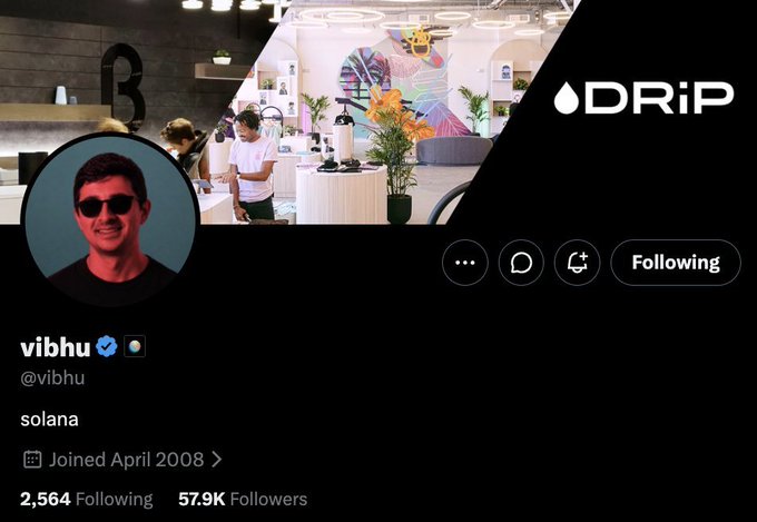 This image shows a Twitter/X profile for "vibhu" (@vibhu) with the bio "solana," displaying 2,564 Following and 57.9K Followers, alongside a banner for "DRiP" and a profile photo of a man wearing sunglasses. The profile supports the post's ironic claim that vibhu is being paid to promote the Solana-related project, as the account openly identifies with the Solana ecosystem.