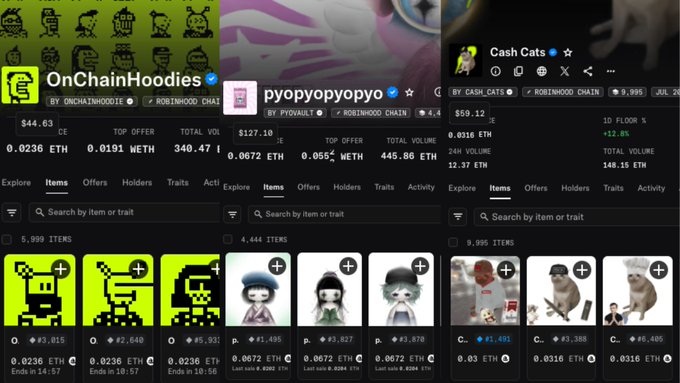 Three NFT collection dashboards displayed side-by-side on a marketplace interface: OnChainHoodies (5,999 items, floor 0.0236 ETH, total volume 340.47 ETH), pyopyopyopyo (4,444 items, floor 0.0672 ETH, total volume 445.86 ETH), and Cash Cats (9,995 items, floor 0.0316 ETH, total volume 149.15 ETH).