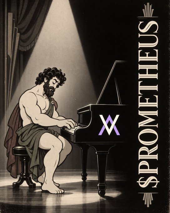 A vintage-style illustration shows a bearded man in a toga playing a grand piano adorned with a stylized "W" logo, with the word "SPROMETHEUS" written vertically in an Art Deco font.