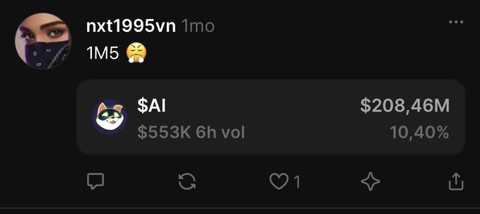 The image is a social media post by user "nxt1995vn" from one month ago, featuring the text "1M5 😩" above a cryptocurrency market display showing the token $AI with a market cap of $208.46M, a 6-hour trading volume of $553K, and a 10.40% change, accompanied by a Shiba Inu (Doge) icon. The accompanying post expresses frustration that despite $AI's strong recovery, the poster's earlier despair (depicted by the weary emoji) about missing the rebound has not been replaced with happiness now that the token has reached $208.46M in market cap with positive momentum.