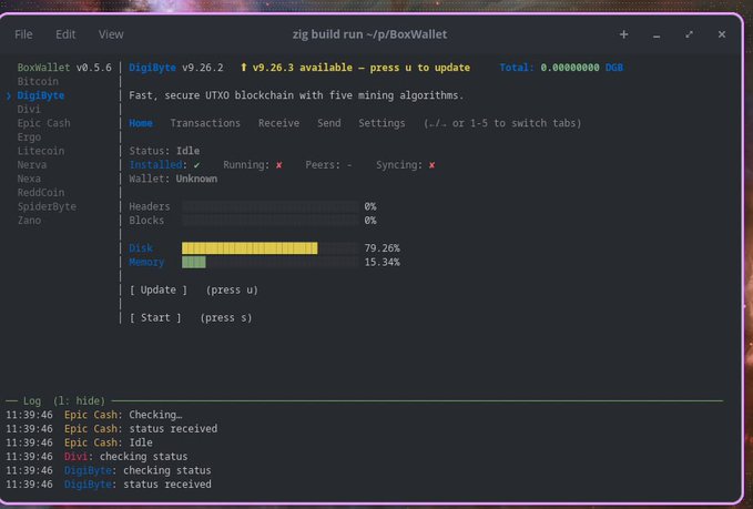 A terminal window running 'zig build run ~/p/BoxWallet' displaying the 'BoxWallet v0.5.6' interface, showing cryptocurrency options like DigiByte, Divi, Epic Cash, and others on the left, with DigiByte details, status as 'Idle', and disk/memory usage in the main view.