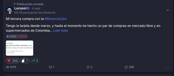 A pinned X (Twitter) post by influencer "Lucaso" (@Lucaso) dated September 4, titled "Mi tercera compra con la #BinanceCard," has garnered 388 likes, 7 reposts, 3 shares, and 617K views—representing his highest-performing crypto post to date.