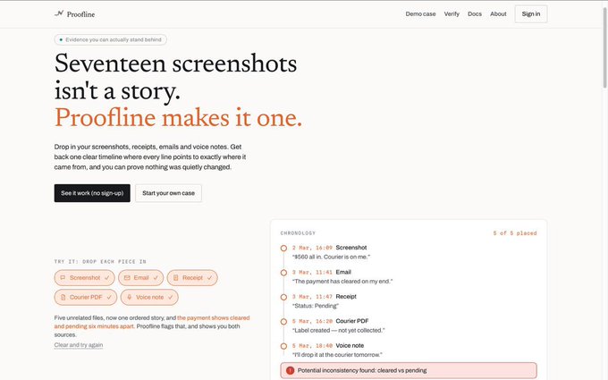 Website landing page for Proofline featuring the headline 'Seventeen screenshots isn't a story. Proofline makes it one.' with CTAs to see work or start a case, and a chronology timeline showing evidence types including Screenshot, Email, Receipt, Courier PDF, and Voice note.