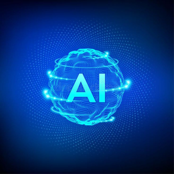 A glowing blue digital graphic of a globe surrounded by rings with the letters 'AI' in the center, set against a dark blue background.