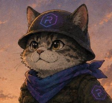 An illustrated portrait of a tabby cat wearing a military helmet and blue bandana, both featuring an 'R' logo, set against a sunset sky.