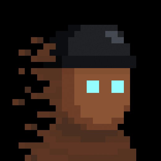 Pixel art character on a black background featuring a brown figure with light blue eyes, wearing a dark cap and a textured, fragmented brown lower section.